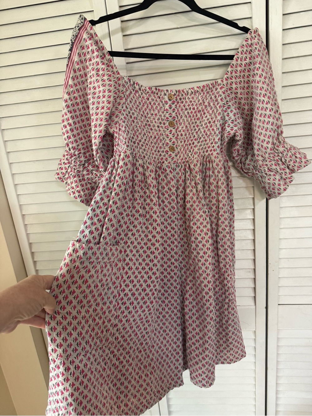 Smocked Off-Shoulder Mini Romper in Pink Floral Kantha wood buttons, ruffles!